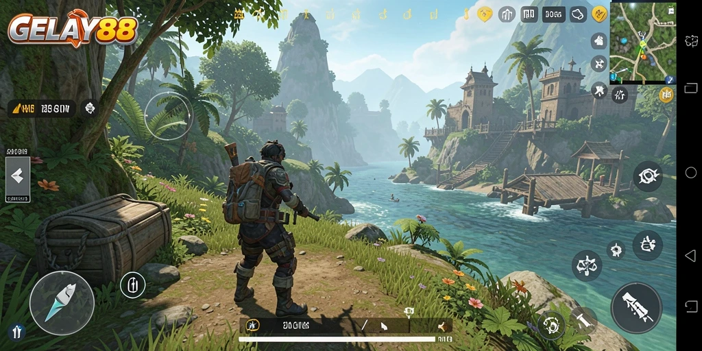 Tangkapan layar gameplay <strong>GELAY88</strong> menampilkan dunia terbuka yang luas dan indah.