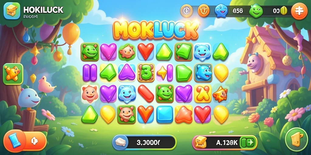 Screenshot gameplay HOKILUCK yang menampilkan permata berwarna-warni dan tantangan Match-3.