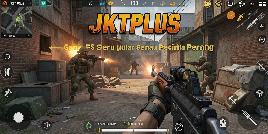 Tangkapan layar menunjukkan aksi menegangkan dalam JKTPLUS dengan gameplay FPS yang seru.