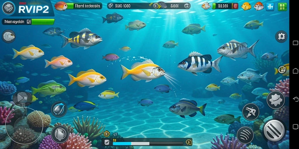 Tampilan utama gameplay RVIP2 dengan aksi menembak ikan.